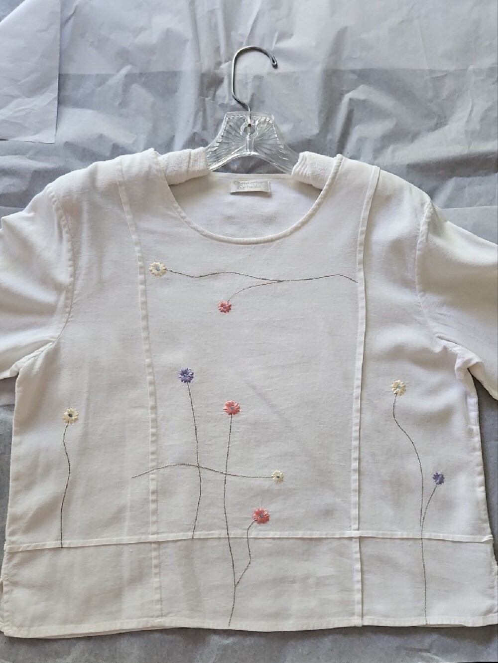 Christopher & Banks White Linen Embroidered 3/4 Sleeve Crewneck Top